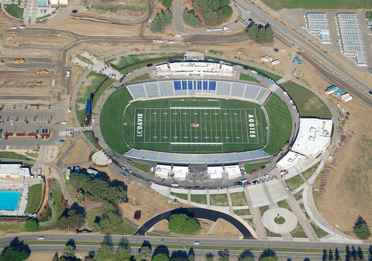 An aerial photo of a football stadium. UC Davis Aggies is shown in the end zones.